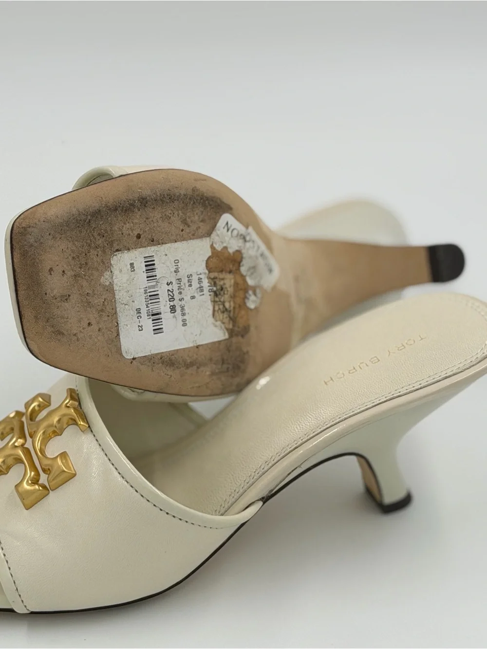 Tory Burch Eleanor Heeled Mule Sandals 65mm – New Ivory – Size 8 – Goat Leather